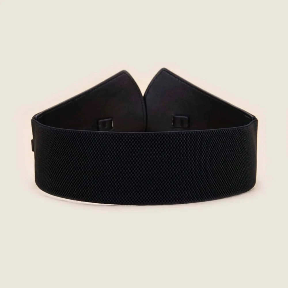 Vegan Faux Leather PU Wide Corset Style Black Belt Elastic Stretchy Back - Picture 3 of 4